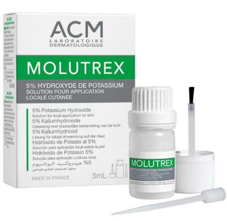 ACM® . MOLUTREX . Hidróxido de Potasio al 5% . Solución para aplicación local cutánea . Tratamiento anti verrugas  . 1 Caja de 1Frasco con 3ml