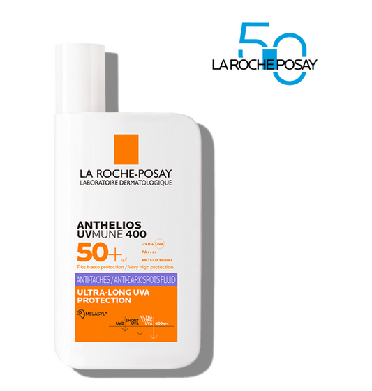 LA ROCHE-POSAY® . ANTHELIOS UV MUNE 400 FLUIDO ANTIMANCHAS de 50ml . Protector solar facial antimanchas FPS50+ UVB/ UVA . Protección Solar . 1Caja de 1Frasco con 50ml