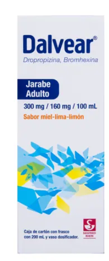 SIEGFRIED RHEIN®  . Dalvear . Dropropizina 300mg / Bromhexina 160mg . Tratamiento antitusígeno . 1 caja de 1Frasco con 200 ml