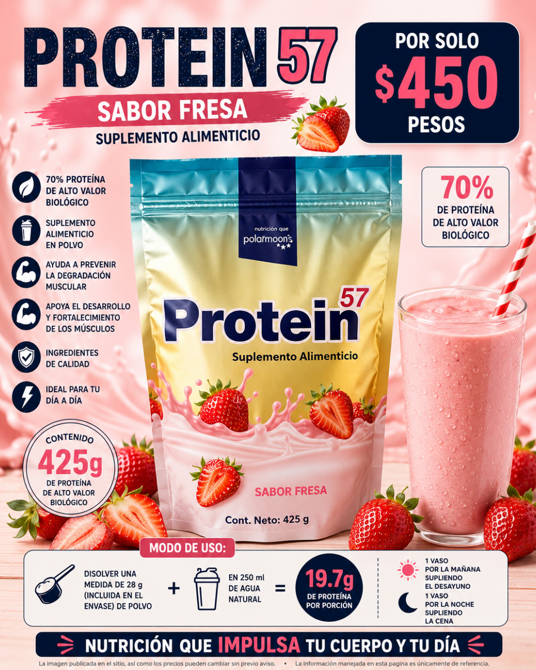 PROTEIN 57 Fresa | Proteína en polvo sabor Fresa | Bolsa con polvo con 425g