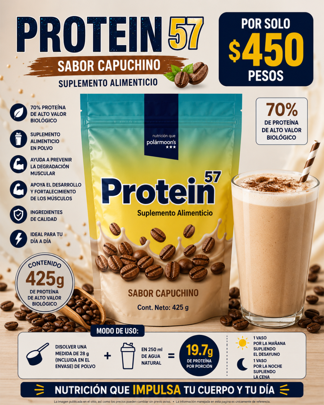 PROTEIN 57 Capuchino | Proteína en polvo sabor Capuchino | Bolsa con polvo con 425g