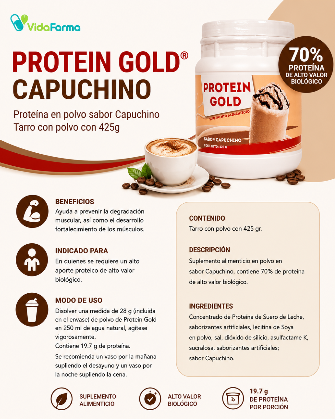 PROTEIN GOLD Capuchino | Proteína en polvo sabor Capuchino | Tarro con polvo con 425g