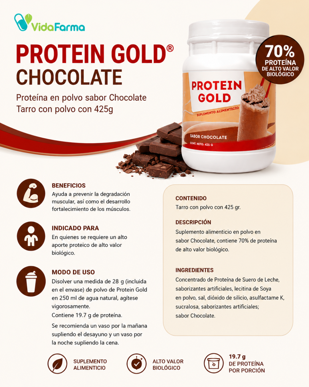 PROTEIN GOLD Chocolate | Proteína en polvo sabor Chocolate | Tarro con polvo con 425g