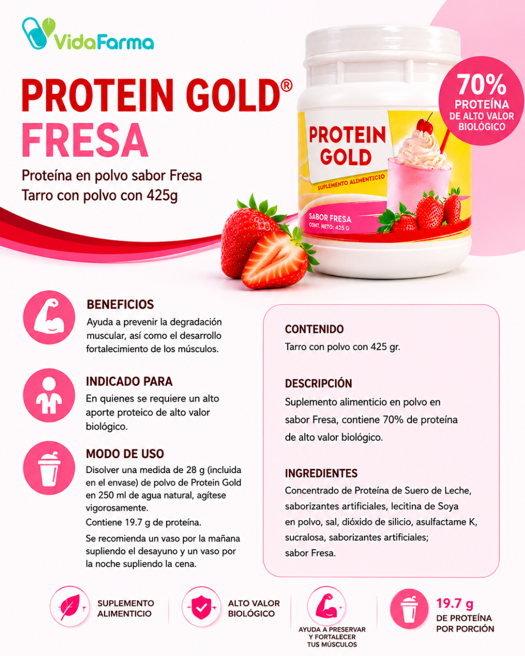PROTEIN GOLD Fresa | Proteína en polvo sabor Fresa | Tarro con polvo con 425g