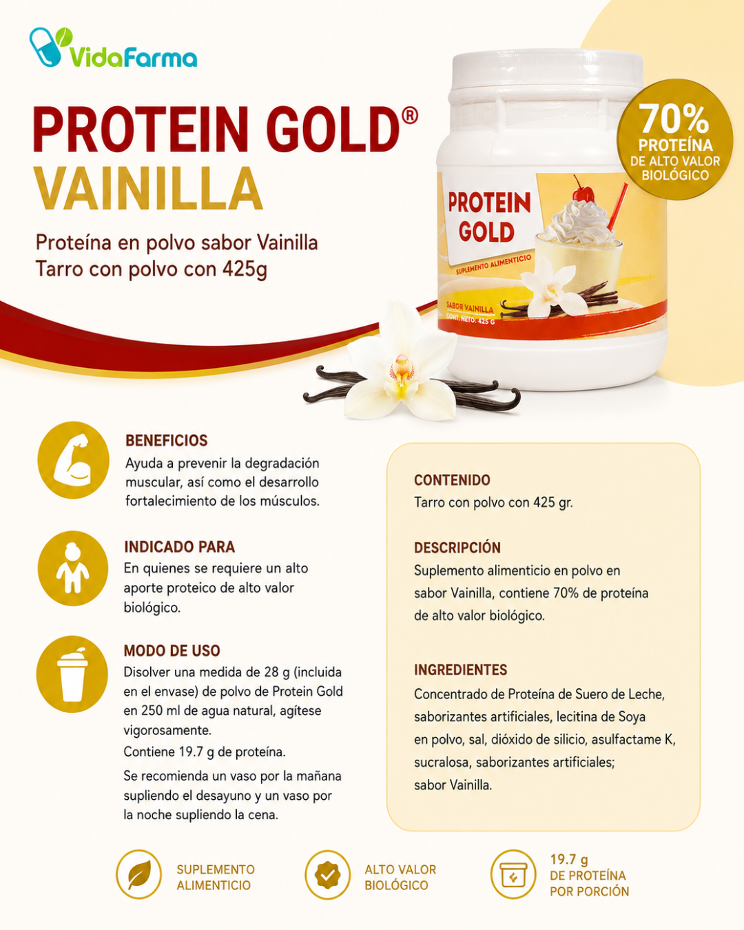 PROTEIN GOLD Vainilla | Proteína en polvo sabor Vainilla | Tarro con polvo con 425g