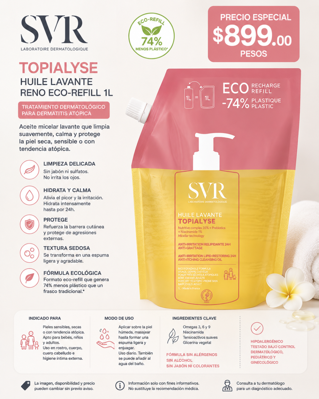 SVR | TOPIALYSE HUILE LAVANTE RENO ECO-REFIL 1lt | Aceite micelar lavante para rostro, cuerpo e higiene íntima para pieles atópicas | Tratamiento para dermatitis atópica | 1 Pieza de 1Frasco con 1l