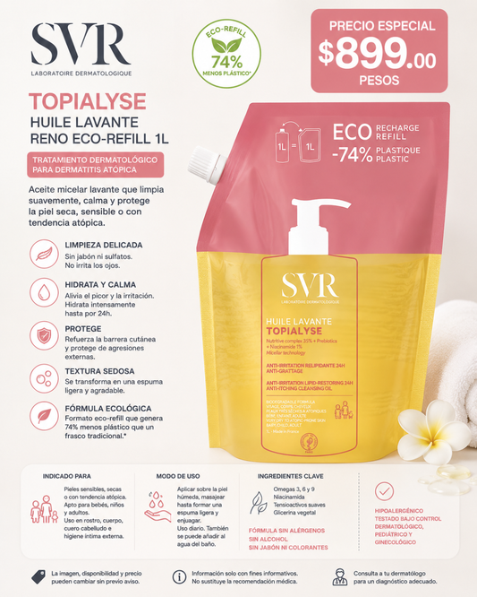 SVR | TOPIALYSE HUILE LAVANTE RENO ECO-REFIL 1lt | Aceite micelar lavante para rostro, cuerpo e higiene íntima para pieles atópicas | Tratamiento para dermatitis atópica | 1 Pieza de 1Frasco con 1l