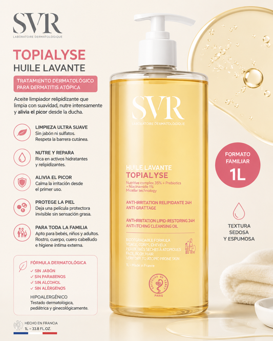 SVR® . TOPIALYSE HUILE LAVANTE 1lt . Aceite limpiador rico en activos hidratantes . Tratamiento para dermatitis atópica . 1 Pieza de 1Frasco con 1L