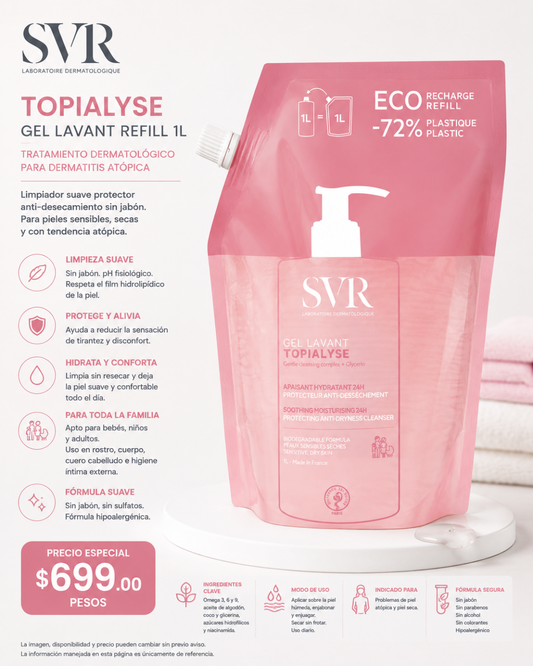 SVR | TOPIALYSE GEL LAVANT Refill 1lt | Limpiador para pieles secas | Tratamiento para dermatitis atópica | 1 Pieza de 1Bolsa con 1L