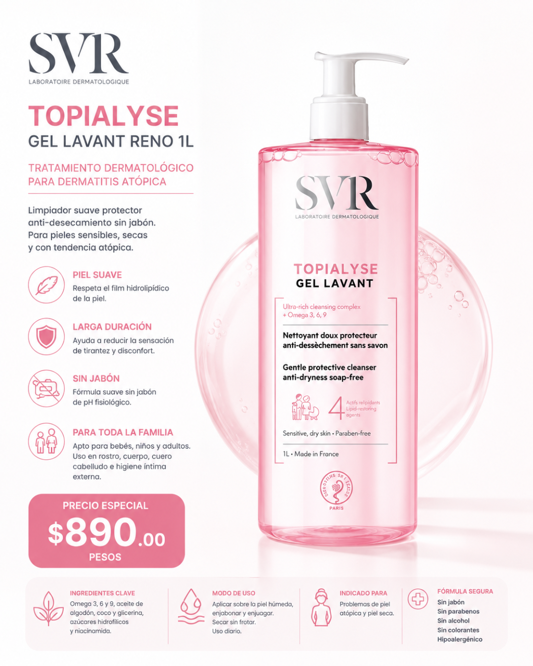 SVR . TOPIALYSE GEL LAVANT Reno 1lt . Limpiador para pieles secas . Tratamiento para dermatitis atópica . 1 Pieza de 1Frasco con bomba con 1L