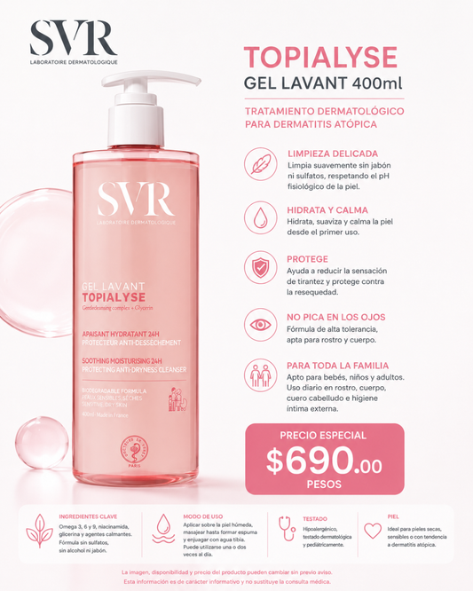 SVR® | TOPIALYSE GEL LAVANT 400ml | Limpiador para pieles secas | Tratamiento para dermatitis atópica | 1 Pieza de 1Frasco con bomba con 400ml