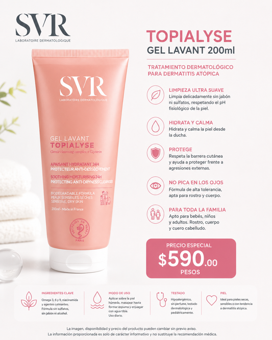 SVR | TOPIALYSE GEL LAVANT 200ml | Limpiador para pieles secas | Tratamiento para dermatitis atópica | 1 Pieza de 1Tubo con 200ml