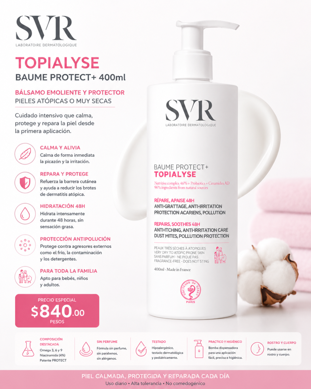 SVR | TOPIALYSE BAUME PROTECT+ 200ml | Bálsamo para pieles atópica o secas | Tratamiento para dermatitis atópica | 1 Pieza de 1Frasco con bomba con 200ml