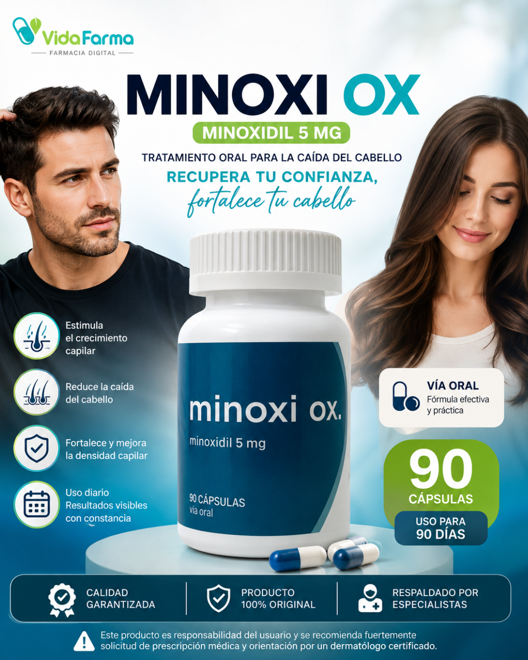 Vida Farma . minoxi ox 5mg . Minoxidil cápsulas 5mg . Tratamiento para la caída del cabello . 1 Frasco con 90 cápsulas de 5mg
