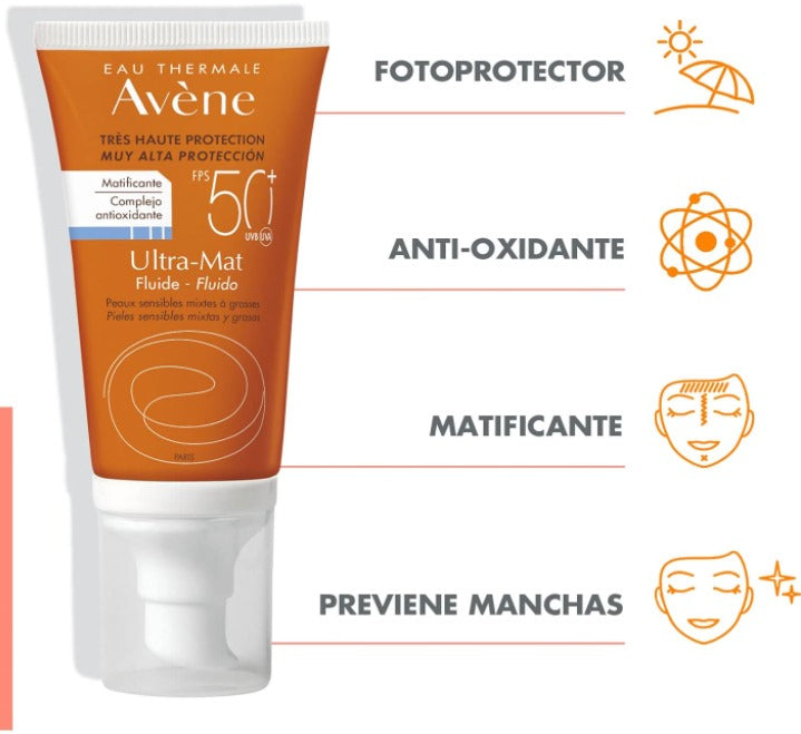 Avène® . ULTRA MAT FPS 50+ . Fluido complejo antioxidante . 1 Caja de 1Pza con 50 ml