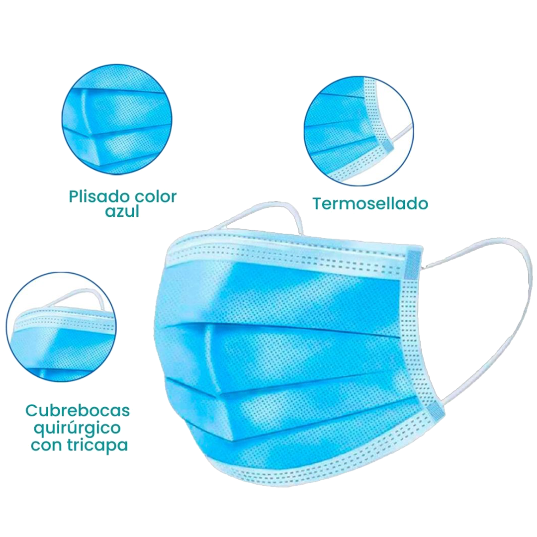 ProTKU ® | Mascarilla quirúrgica de 3 pliegues termo sellado | Cubrebocas  tricapa termosellado caja con bolsa con cubrebocas | Caja con 50pz