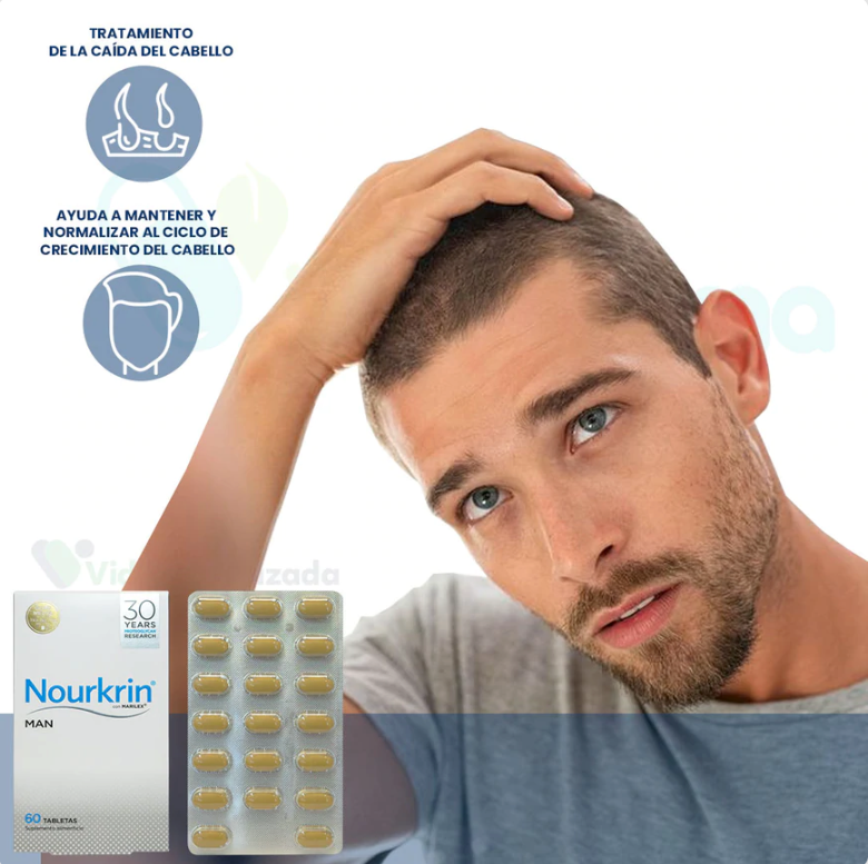 UP PHARMA® . Nourkrin MAN X3 PACK. MARILEX suplemento alimenticio para caida de cabello . Tratamiento dermatológico . 1 Caja de 60Tabletas con 693mg