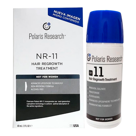 POLARIS RESEARCH® | NR-11® | Tratamiento integral para alopecia (caída de pelo) androgénica | Frasco con loción y atomizador | Frasco con 60ml