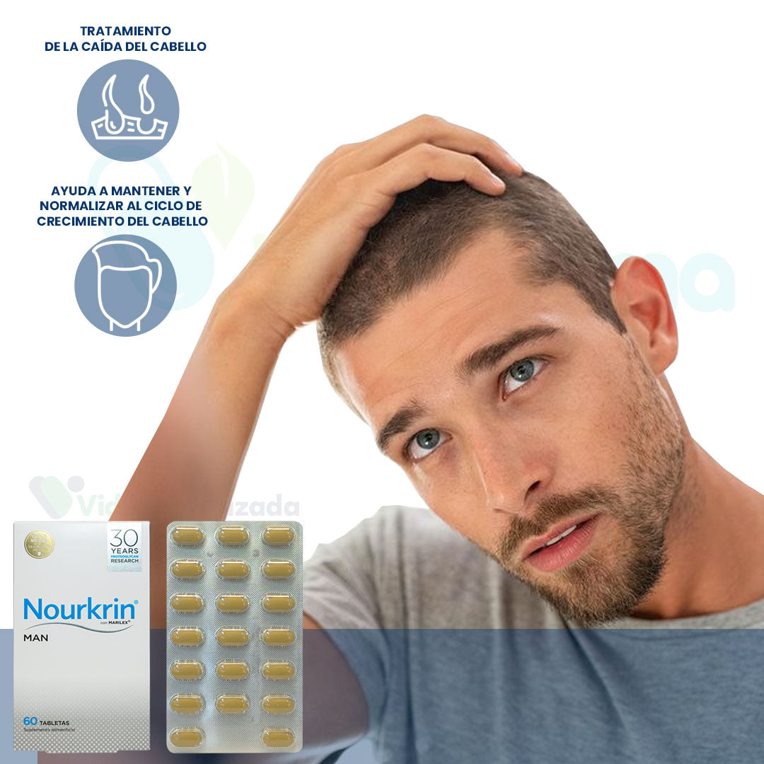 UP PHARMA® . Nourkrin MAN . MARILEX suplemento alimenticio para caida de cabello . 1 Caja de 60Tabletas con 693mg